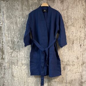 LOTUS LINEN Women's Knee-Length Waffle Robe Size S In Navy